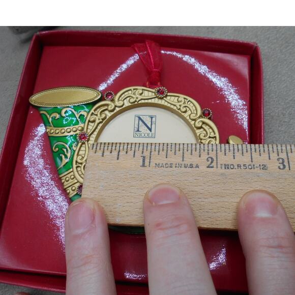 Christmas Horn Picture Frame Ornament NIB Nicole Frames Green/Gold - Picture 3 of 4